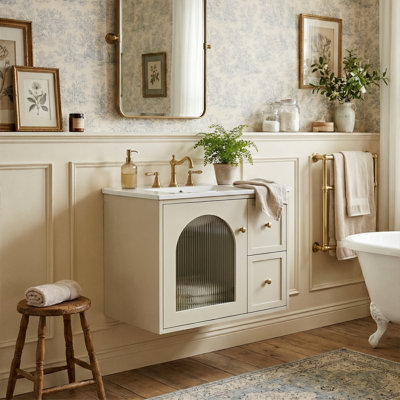 24" Small Space Vanity Set With Sink, 2-Drawer & Glass Door Storage Cabinet, Waterproof Wall Hung Unit (Beige / Black / White)