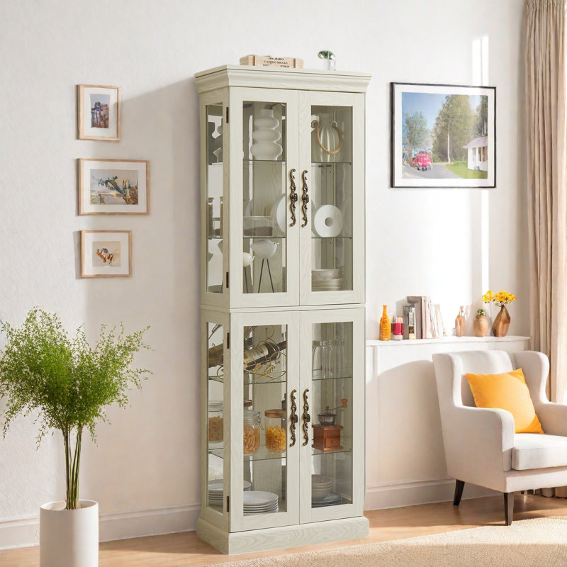 Vitrine Curio avec armoire de rangement en verre et armoire à vin en verre, Blanc antique