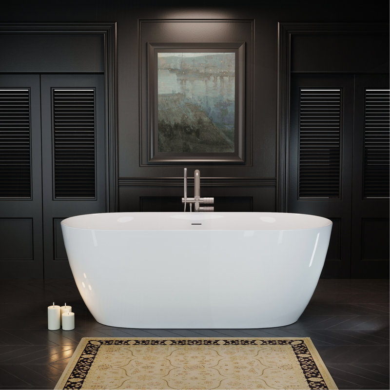 Baignoire autoportante de 55 po en acrylique, baignoire autoportante contemporaine avec trop-plein et bonde escamotable anti-blocage, certifiée Cupc, blanc brillant