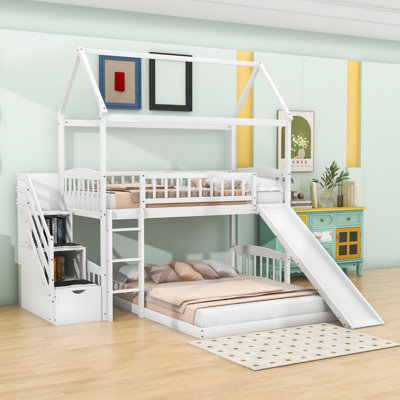 Twin Over Full L-Shaped Bunk Bed With Slide, Storage Stairs And Ladder by Harper Orchard