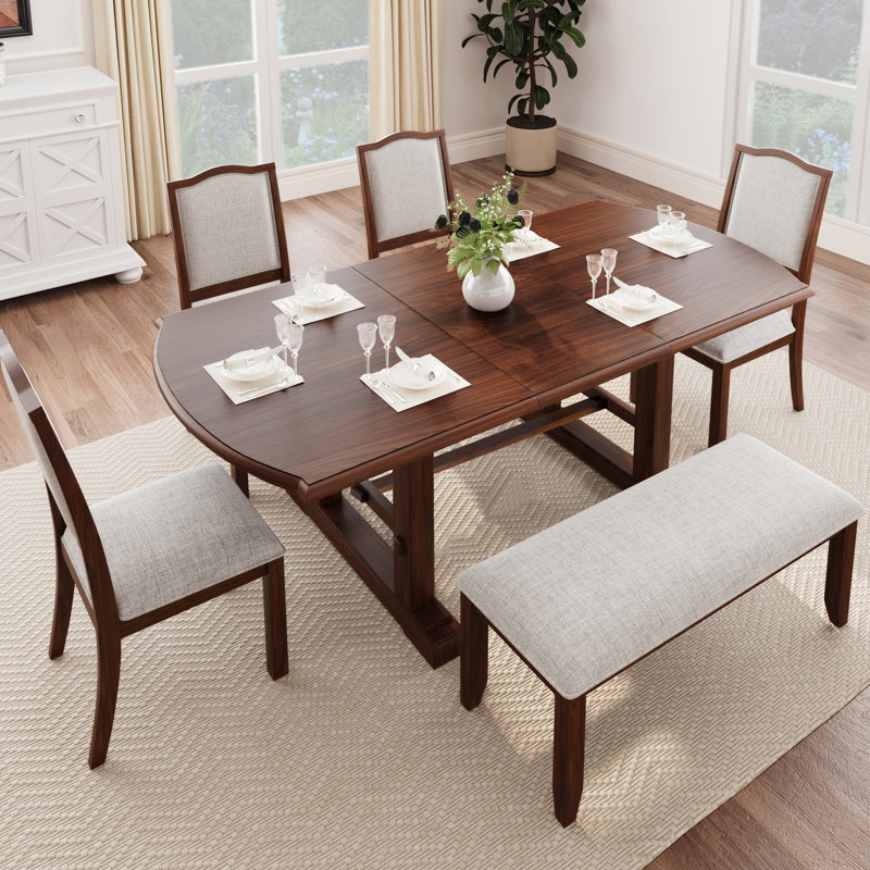 Ensemble de table de salle à manger 6 pièces exquis avec fonction extensible, chaises rembourrées et banc pour les réunions de famille et les diverses occasions de repas