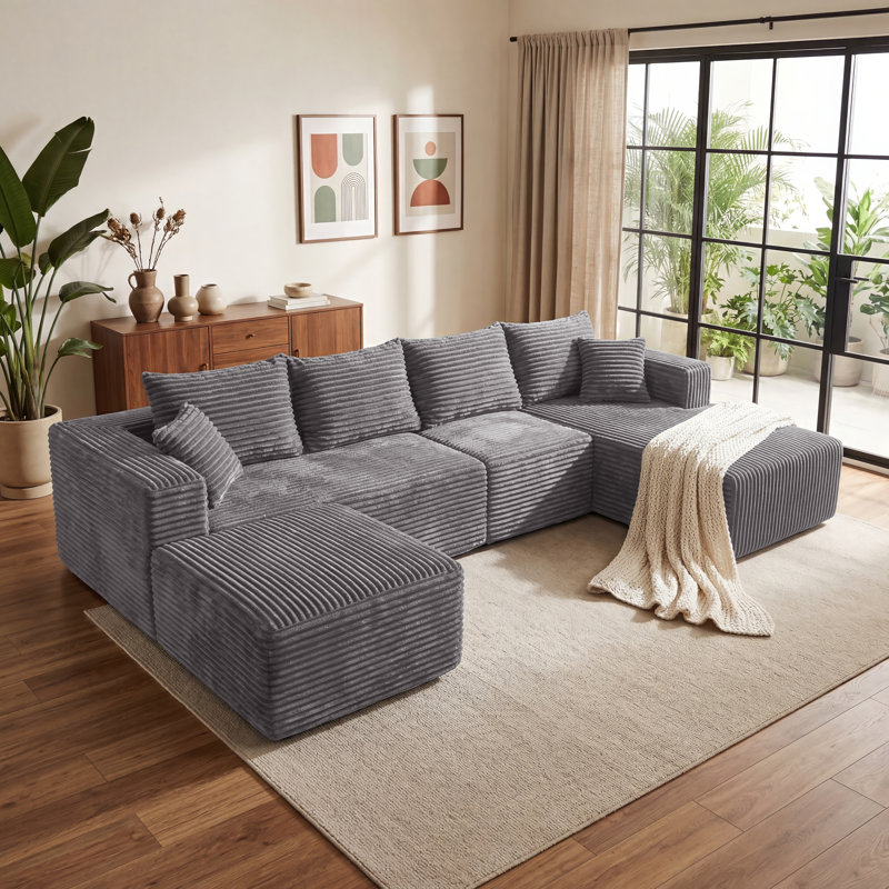 Canapé modulaire rembourré 4 pièces Kapellen, Gris, Orienté à droite