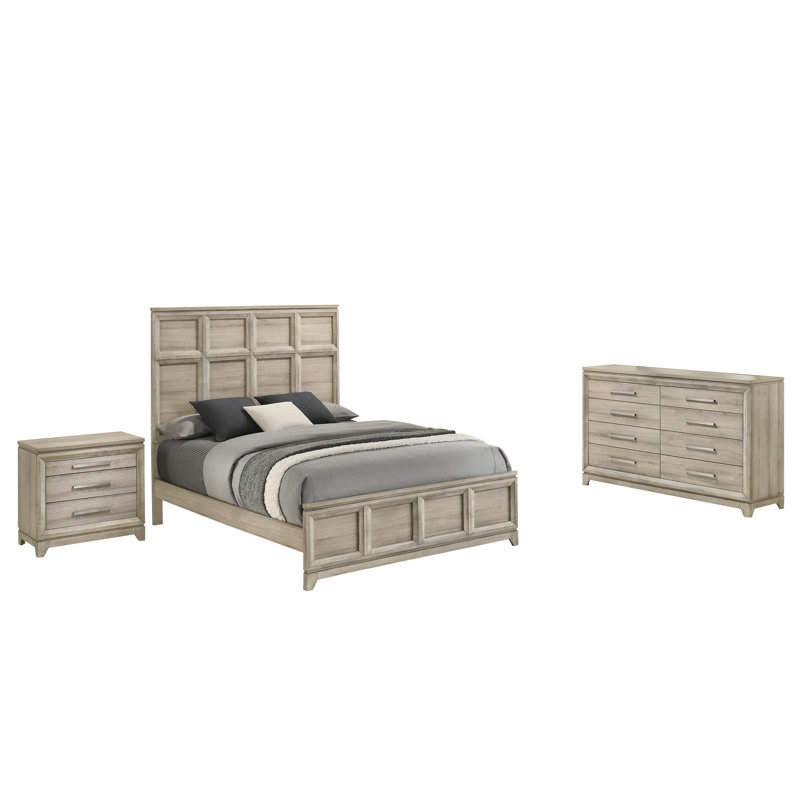 Ensemble de chambre avec lit à panneaux 3 pièces Weathered Greige, Grand lit, Trois pièces : Lit, commode et table de chevet
