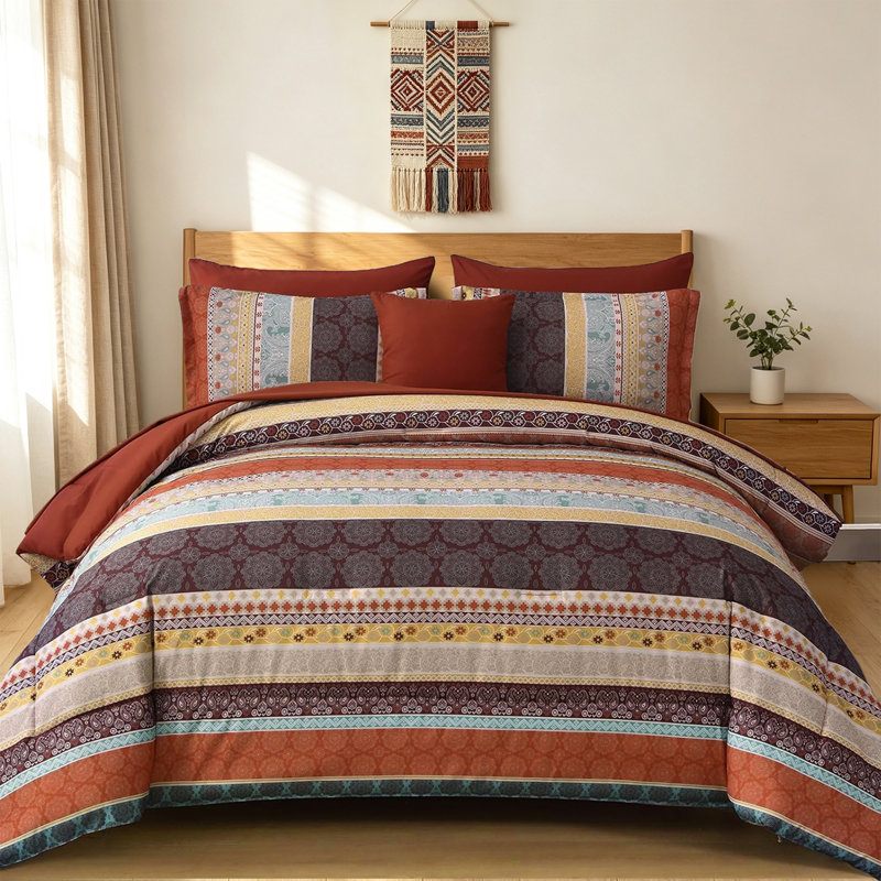 Ensemble de courtepointe 8 pièces Bohemian, Édredon grand + 7 articles supplémentaires, Rouge / Orange