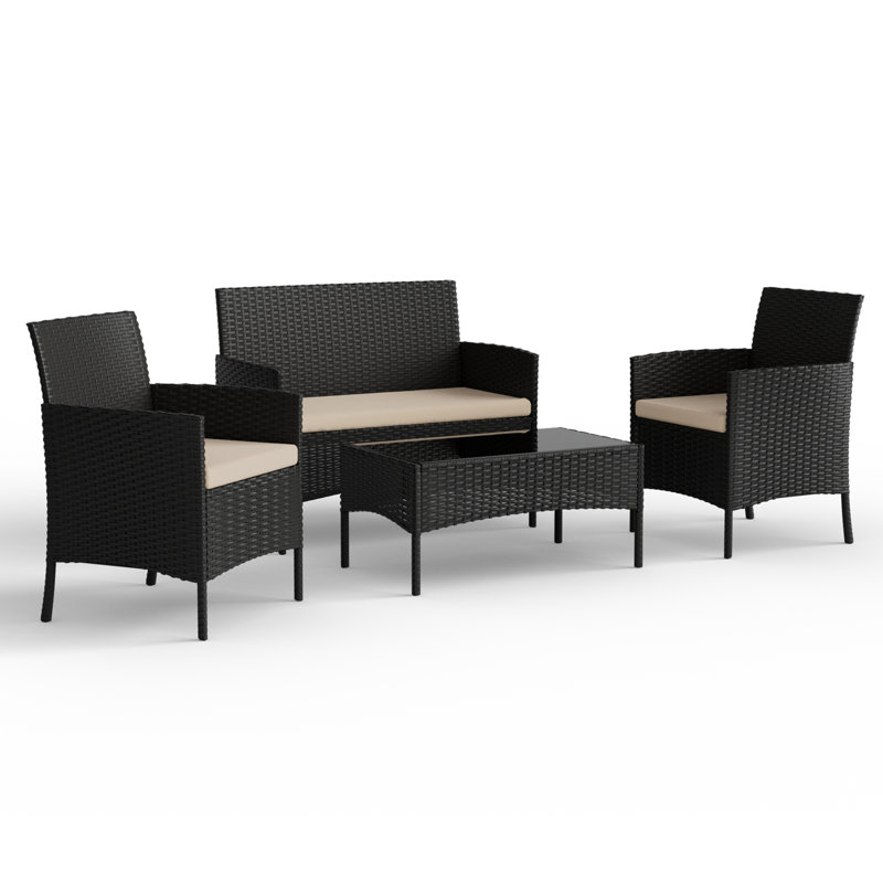 4 - Person Patio Conversation Set with Cushions, Black Frame/Cream Cushion