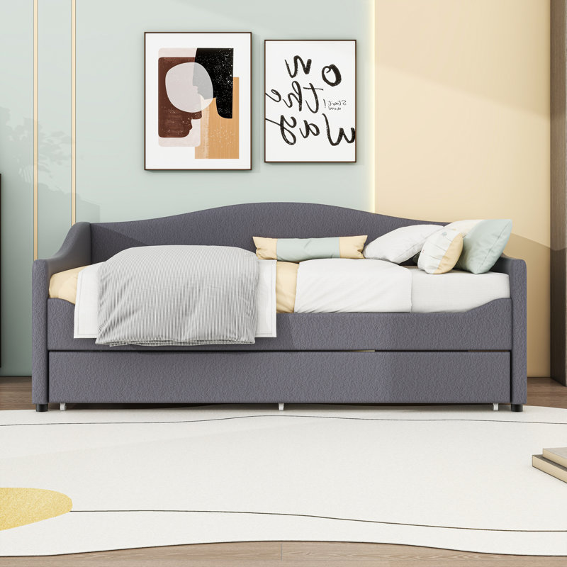 Upholstered Daybed with Twin size Trundle and LED, Gray, Twin