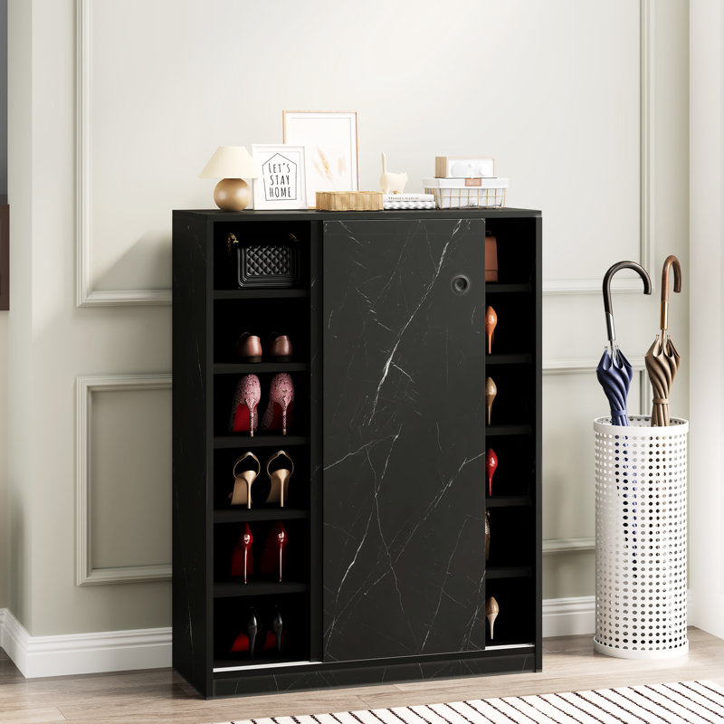 Shoe Cabinet With Marble White Surface And Sliding Door, 6 Layers Fit 30+ Pairs Black Storage Door Layers, Holds At Least 30