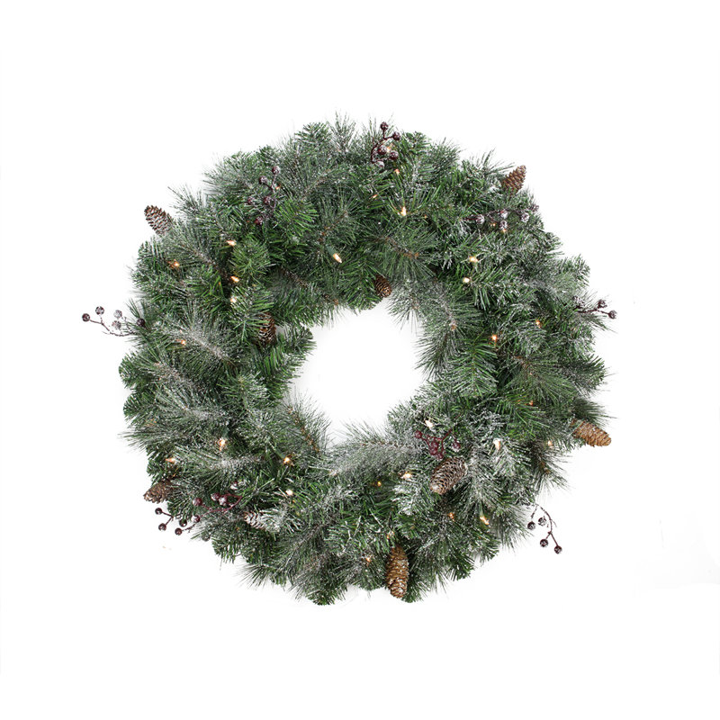 Couronne de Noël artificielle pré-éclairée en pin givré arctique - lumières claires de 30 pouces