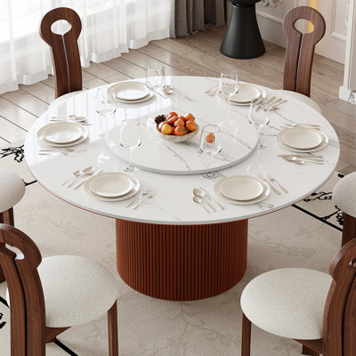 Modern 59"Round Dining Table with Lazy Susan, White Glossy Sintered Stone Top, Wood leg by Hokku Designs