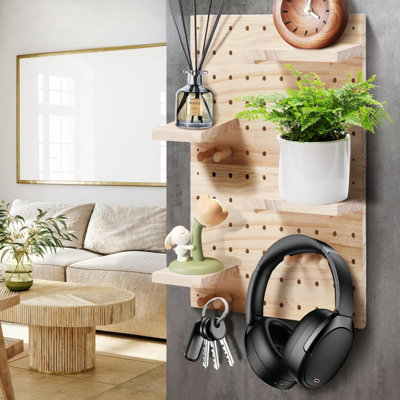 Wooden Pegboard Wall Organizer Panel, Wall-Mounted Storage with 4 Board and 12 Wood Sticks for Home
