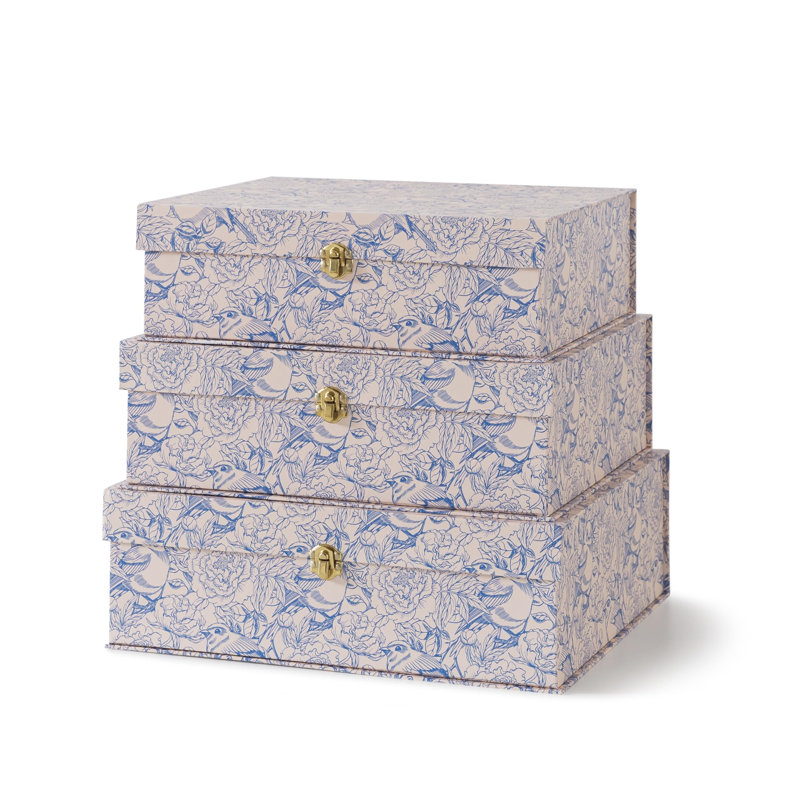 Boîtes de rangement décoratives en carton bleu et blanc avec quincaillerie dorée - ensemble de 3, Volière - Boîtes empilables avec couvercles pour la décoration et l'organisation, design élégant