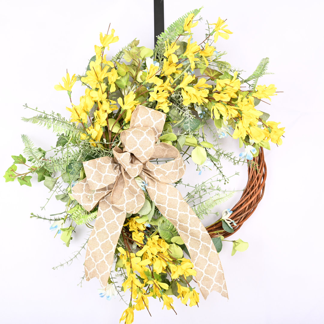 24" Spring Summer Floral Forsythia Bow Wreath for Front Door Primrue Wreath 