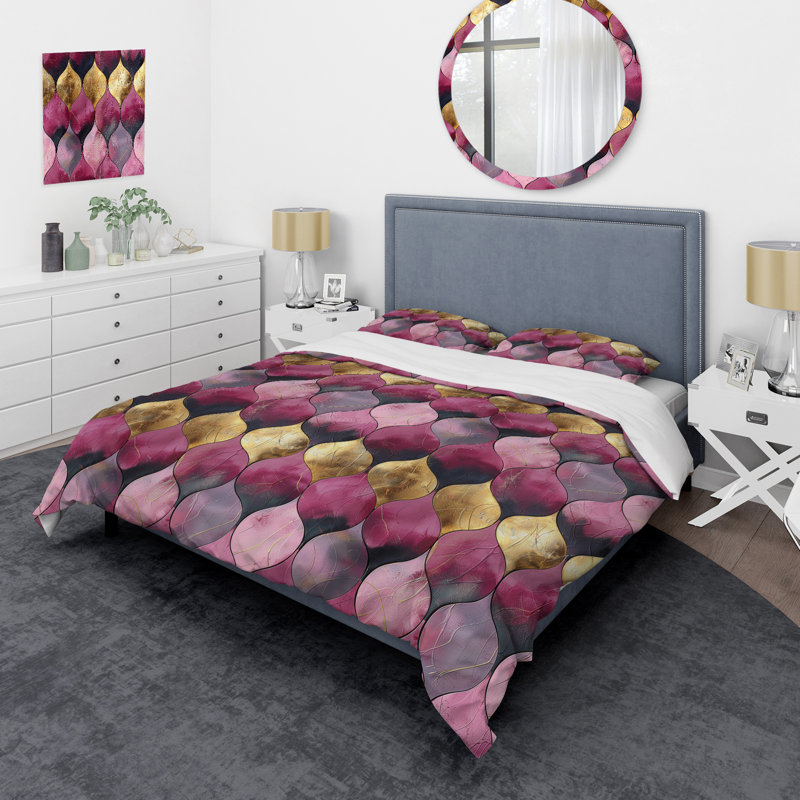 Ensemble de housse de couette moderne rose doré Glittering Glory III, Housse de couette pour grand lit et 2 taies décor