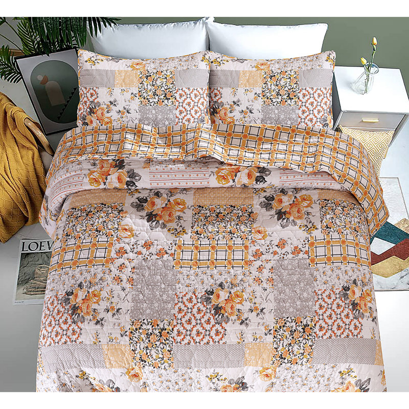 Patchwork Floral Reversible Quilt Set 100% Cotton 3 Piece Lightweight Comforter Bedding Set, Queen, Purple Patchwork