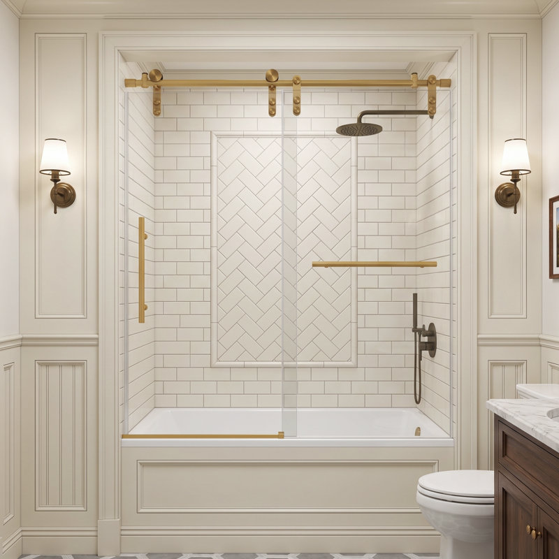 56‑60"W x 66"H Sliding Frameless Tub Shower Door, 5/16"(8mm) Clear Tempered Glass with Crystal‑clear Surface,Brushed Gold