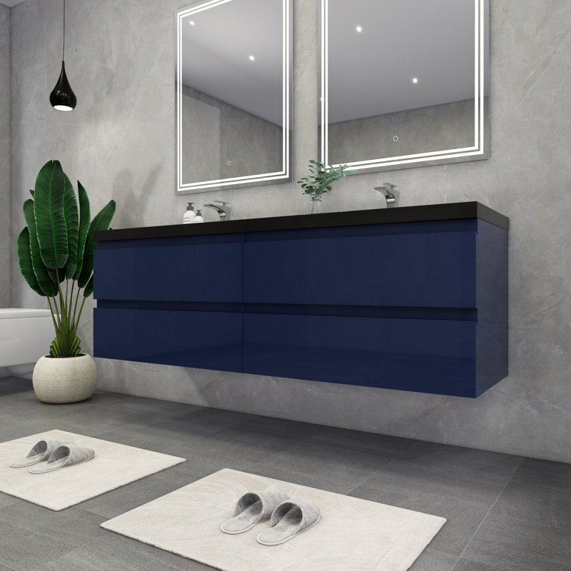 Kirker 72" Wall-Mounted Double Bathroom Vanity Set, Glossy Blue
