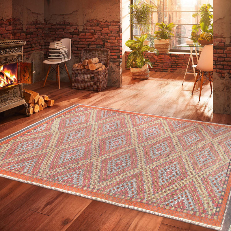 Tapis jaune / bleu / corail en coton / laine à motif géométrique tissé à plat à la main 6 pi 3 po x 11 pi 3 po