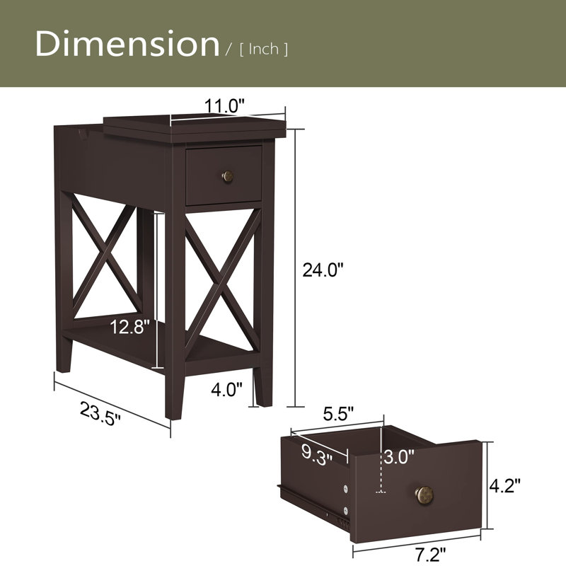 Table de bout à 2 tiroirs, table de bout étroite à plateau rabattable avec tiroir, petite table de chevet d'appoint pour petit salon et chambre à coucher