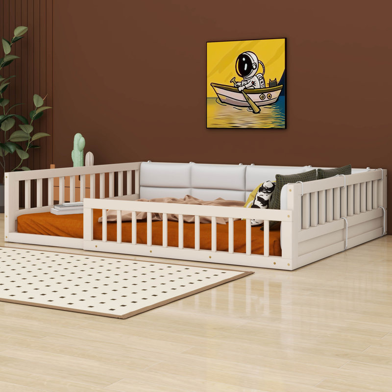Maily Wood Full Size Upholstered Platform Bed with Guardrail and Pillow, Beige