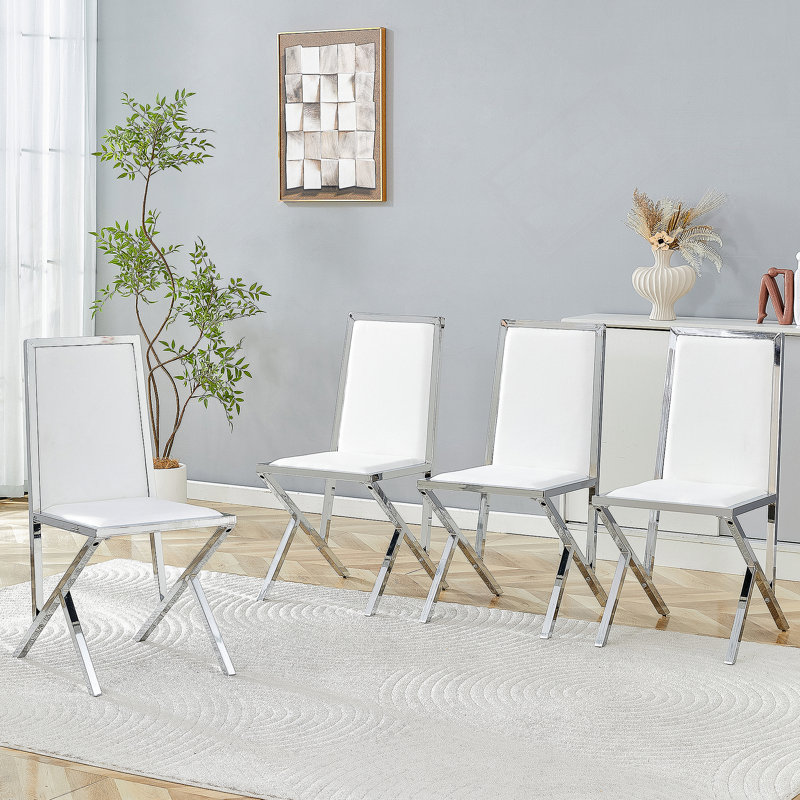 Ensemble de 4 chaises de salle à manger en polyuréthane à structure ergonomique et élégante, 4, Blanc, Argent