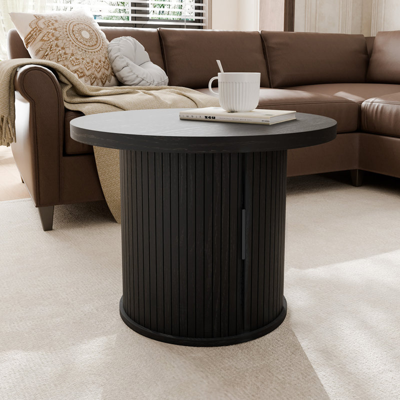 Tambour Design Round Coffee Table with Storage, Black, 17.7" H x 23.6" L x 23.6" W