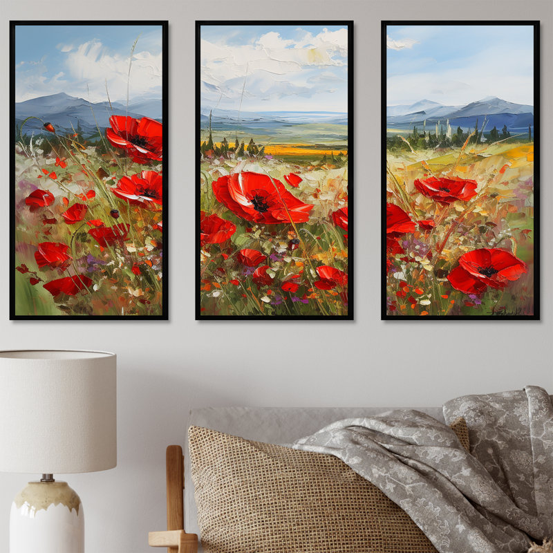 «Red Poppies Field In Mountain I», ensemble d'art sur toile coquelicots, Cadre flottant noir, H 32 po x l 48 po x P 1 po