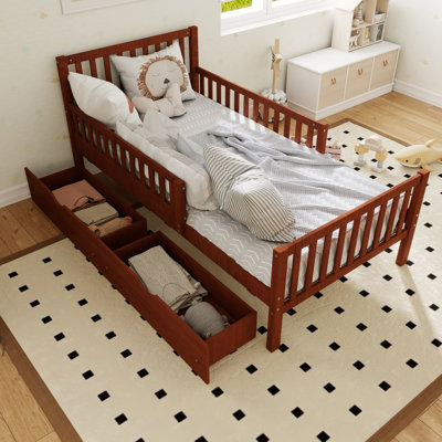 Minimalist Style Both Sides Guardrails Wood Platform Bed With Two Storage Drawers And Headboard