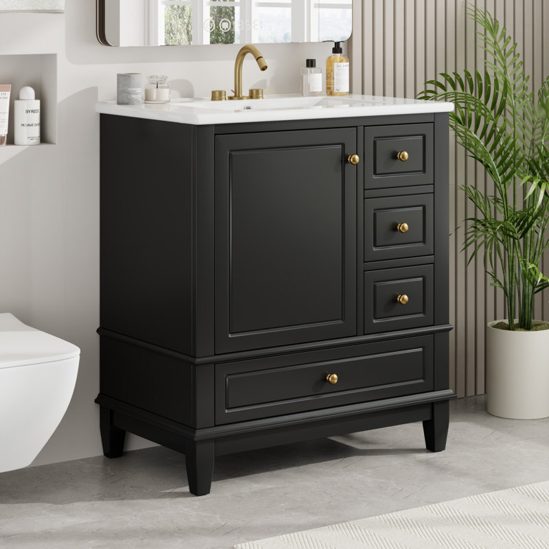 Meuble-lavabo avec lavabo, tablette et tiroirs, Noir, Doré