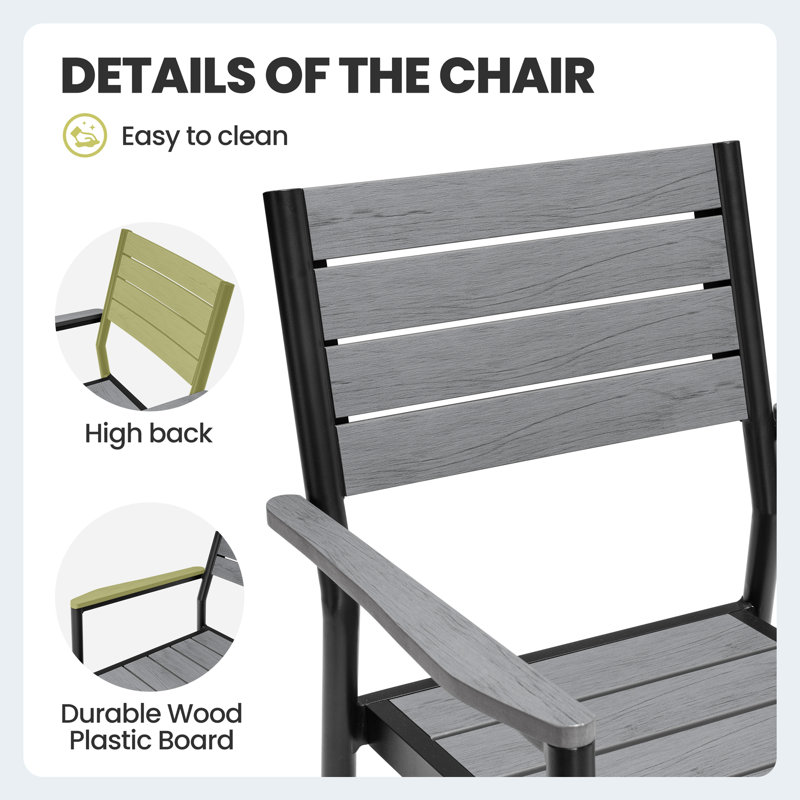 Gray Aluminum and Wood Outdoor Dining Armchairs Set