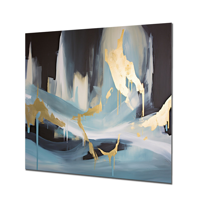 «Gold and Blue Abstract Expression 1», art mural abstrait en métal, H 36 po x l 36 po