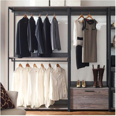  Wood Walk in Closet System with Drawer and Black Metal Frame in Rustic Finish