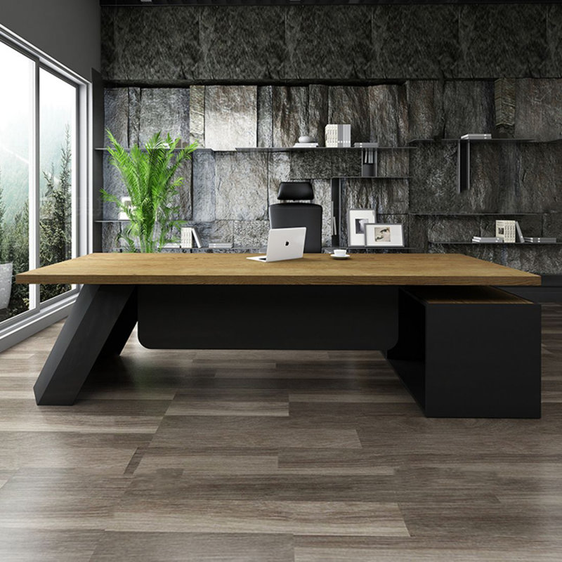 Bureau de direction en L en bois massif de couleur châtaignier clair avec tiroirs, H 29,53 po x l 94,49 po x P 59,06 po