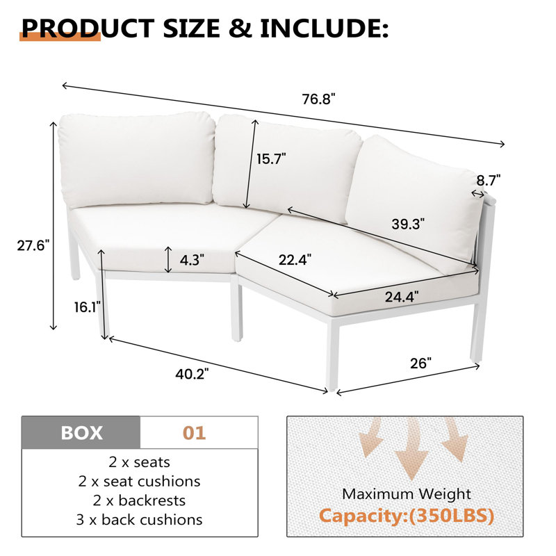 Ensemble de canapé modulaire d'extérieur en aluminium, Beige, 2 Person