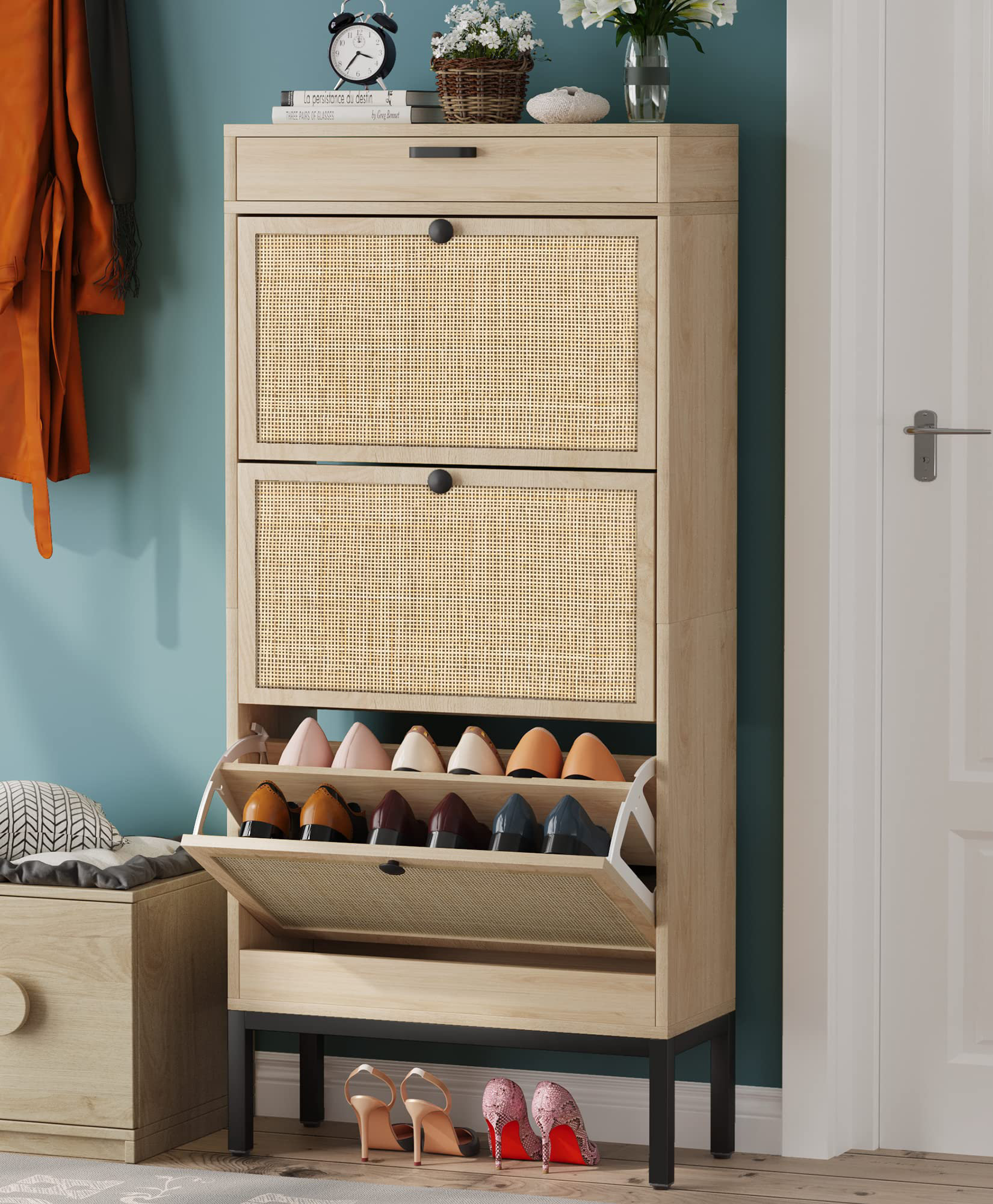 Natural Rattan 3 Flip Door With 1 Drawer Shoe Rack Storage Cabinet