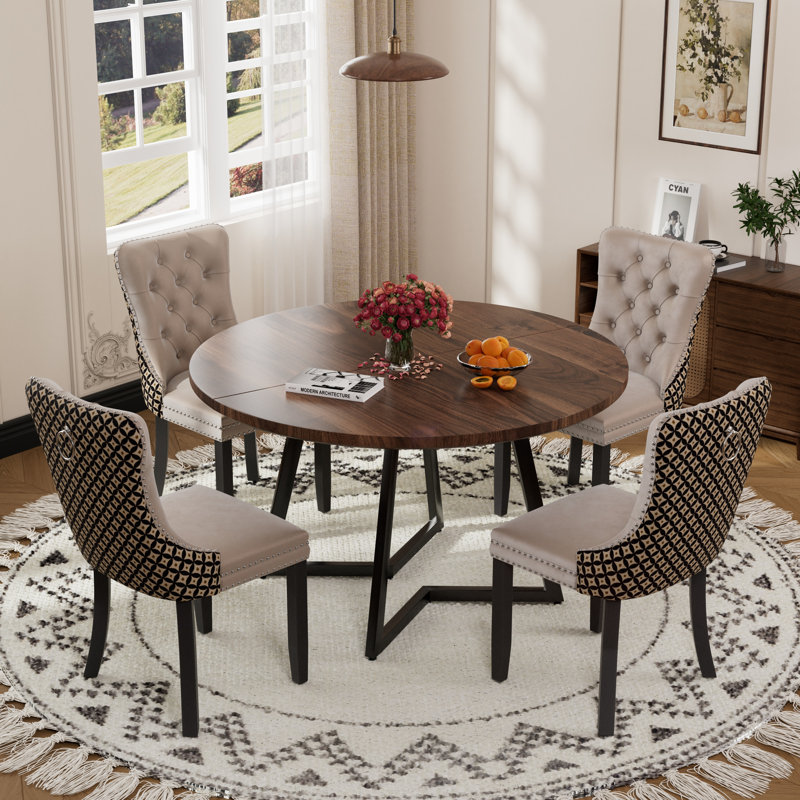 Round Wooden Dining Set with Velvet Dining Chair, Beige/Black