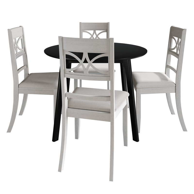 5-Piece Dining Set With Black Round Table And White Upholstered Intricately Designed Back Chairs, White