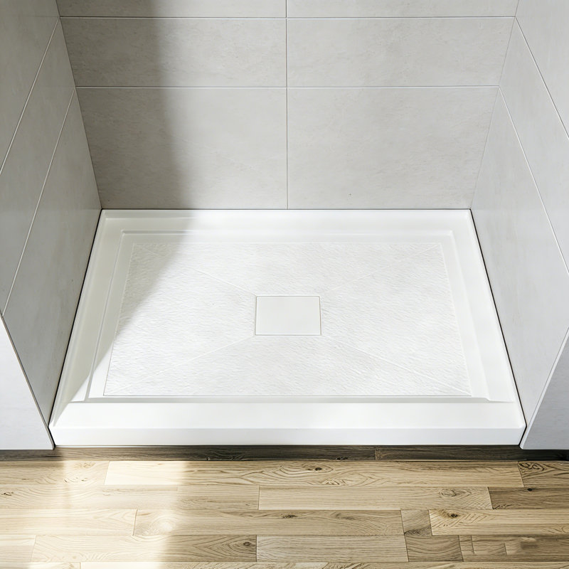 48" x 32" Rectangular Acrylic Shower Base with Center Drain, Single Threshold Design, White (Drain Not Included), Center