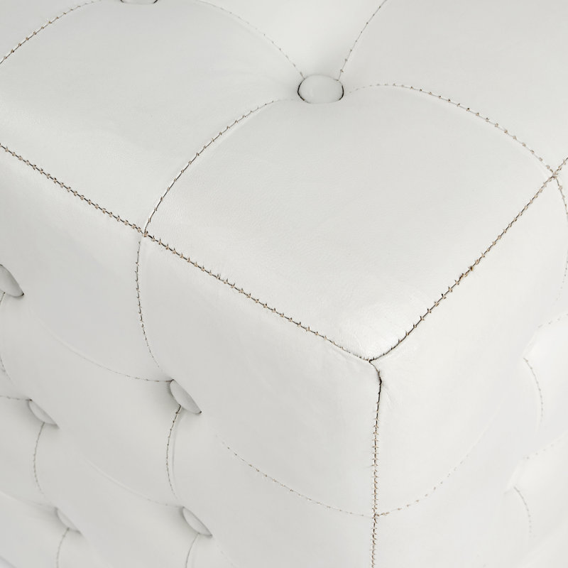 Leon Button Tufted Leather Ottoman, White Genuine Leather