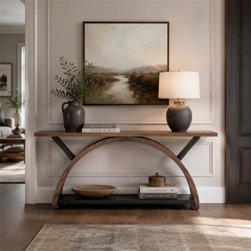 Console à deux niveaux, table d'entrée de 180 cm avec cadre en demi-lune, Brun