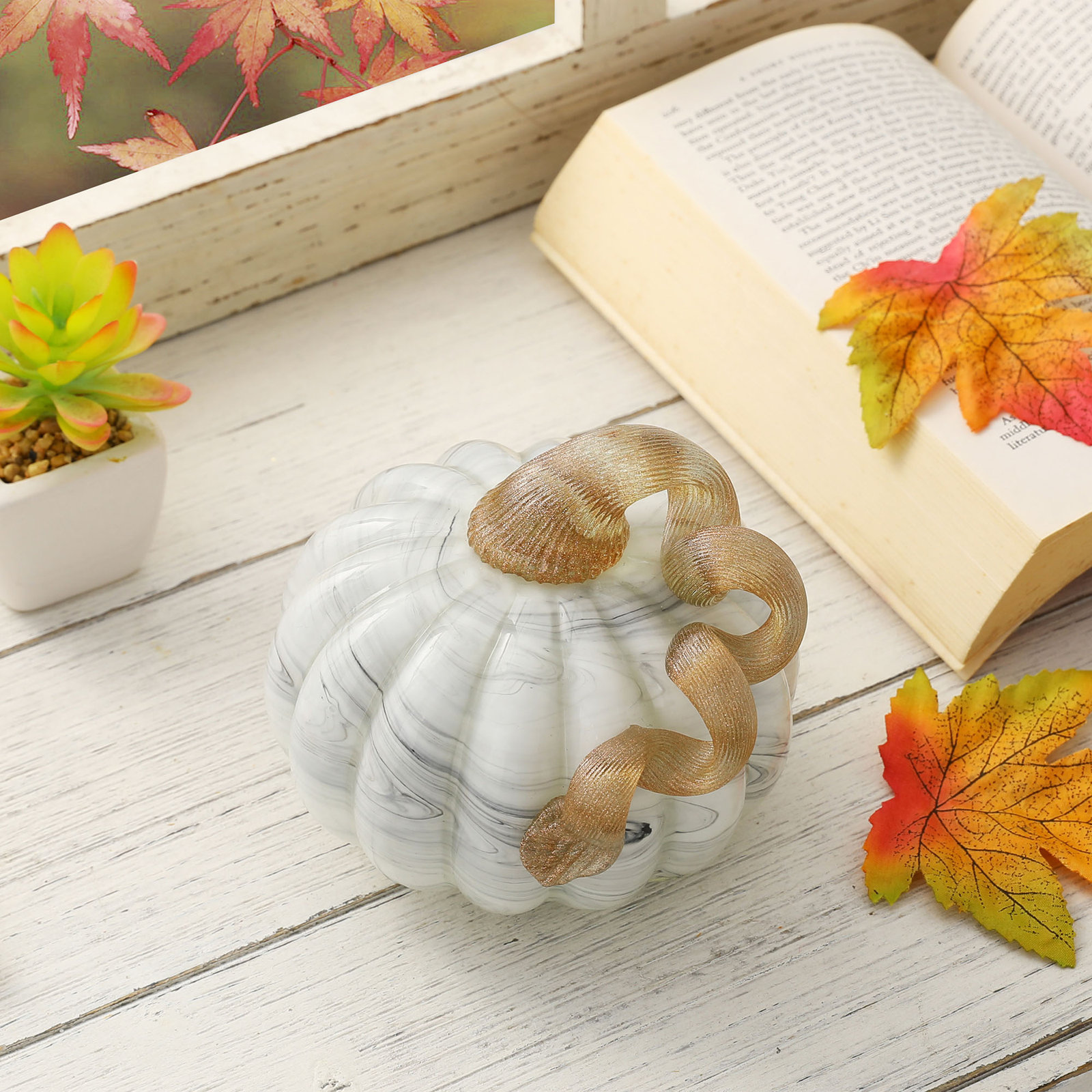 Spiral Marble Glass Pumpkin Holiday Accent