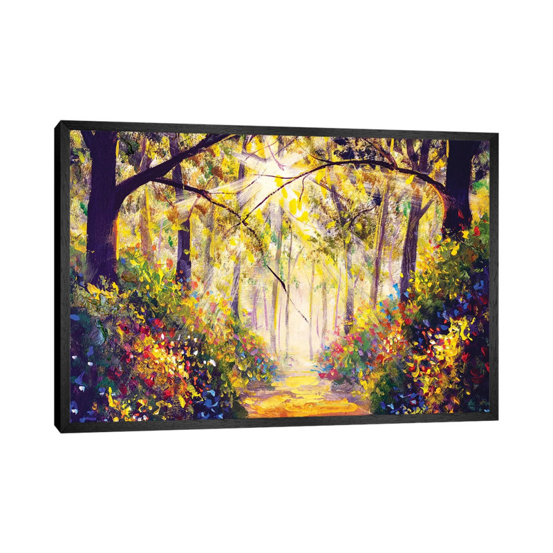 Sunny Forest Wood Trees by Valery Rybakow - Painting on Canvas, 66.04cm H x 101.6cm W x 3.81cm D, Black Framed