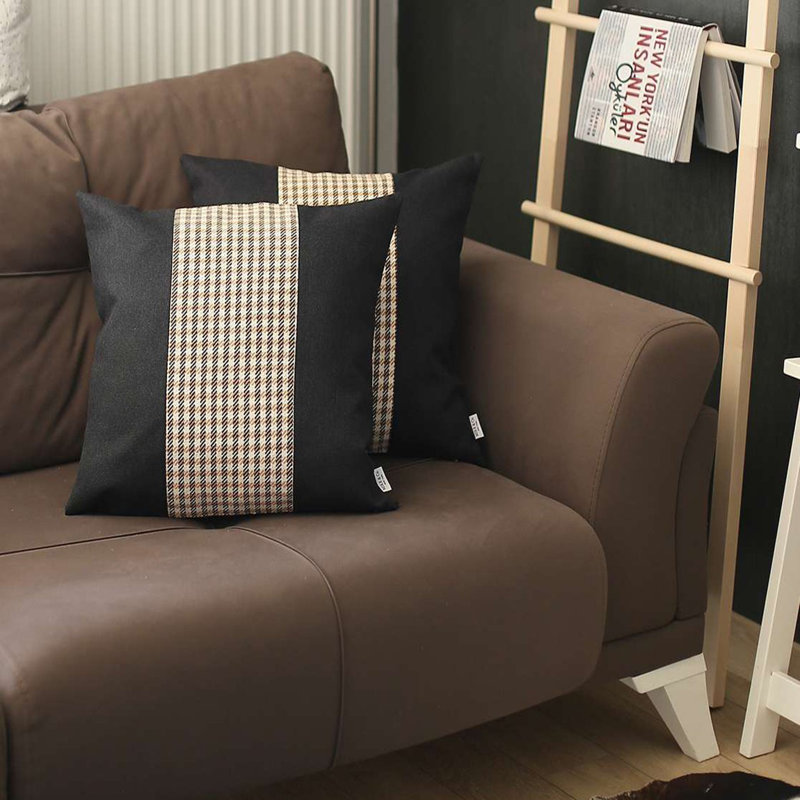 Ensemble de 2 housses de coussins centraux, Pied-de-poule noir / brun clair