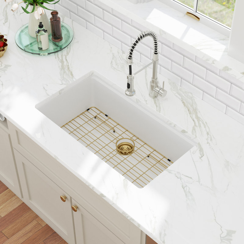 Évier de cuisine encastré à quartz 33 po x l 19 po à cuve de travail à cuve simple avec accessoires, Blanc