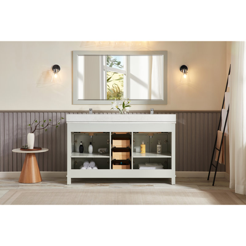 60" Finish Solid Wood Sink Vanity With 1' Artificial Stone Top, Silver Strand, Polished Chrome