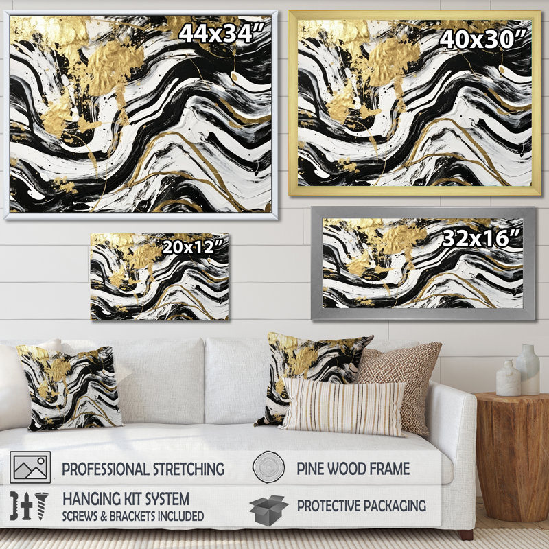 Wild Wave Bliss abstrait or blanc noir - peinture murale abstraite, H 34 po x l 44 po x P 1,5 po, Cadre flottant noir