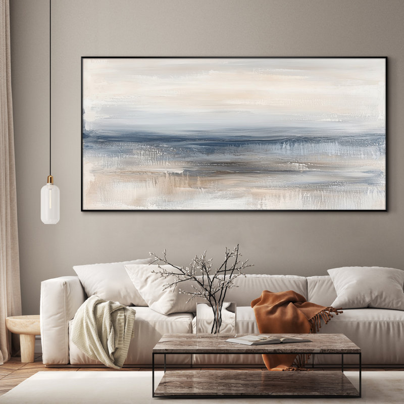 Extra Large Wall Art Fabric Print - Soft Coastal Horizon Line Abstract Scene Artwork Decor for Living Room or Bedroom - "Frame Assembly Required (Unfinished Frame)"