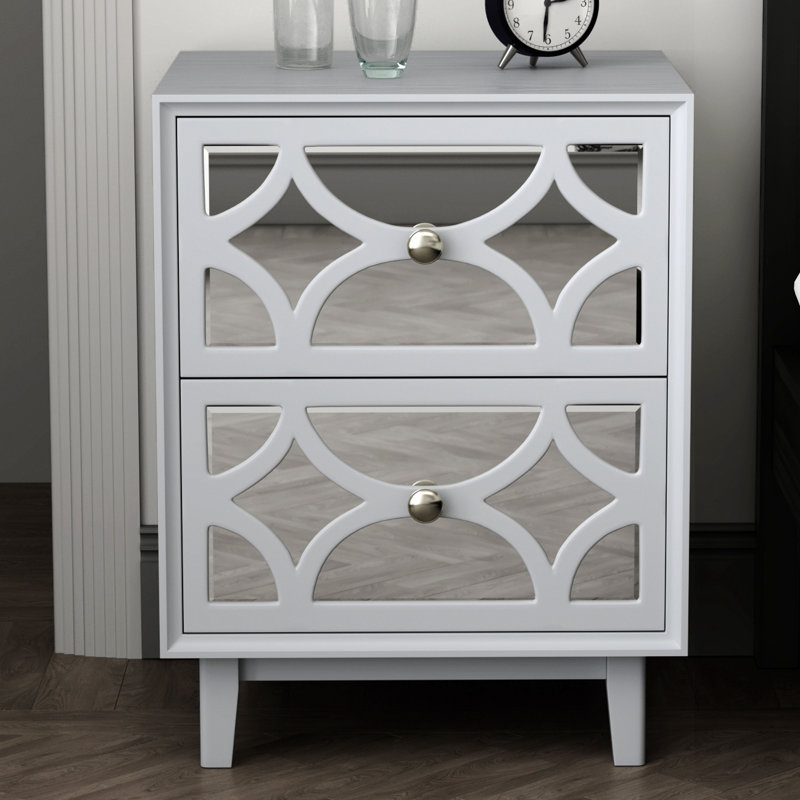 Habeel Two Drawer Mirror Front Nightstand, Light Gray