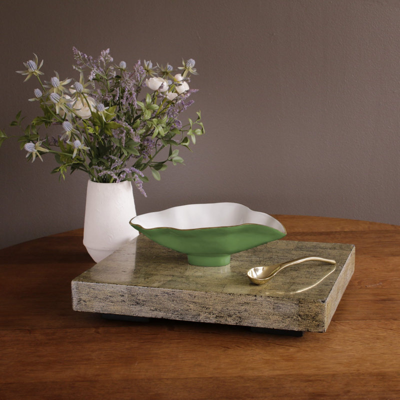 Encanto Claire Small Oval Bowl With Spoon, White/Leaf Green