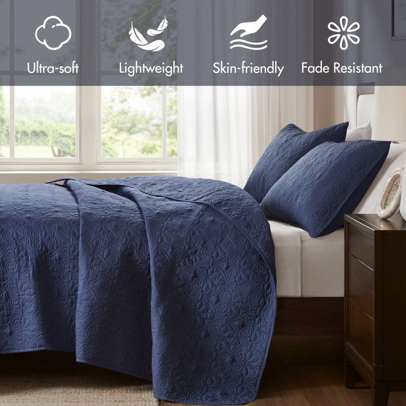 Quebec Reversible Bedspread Set, King Bedspread + 2 King Shams, Navy