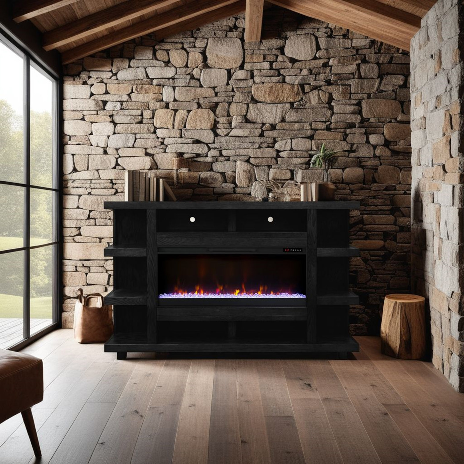 Solid Wood 72" Electric Fireplance with Mantel, No Assembly Required, Black
